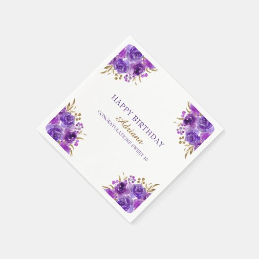 紫のフローラと金ゴールドリーフのハッピーバースデーパーティー スタンダードカクテルナプキン (角)