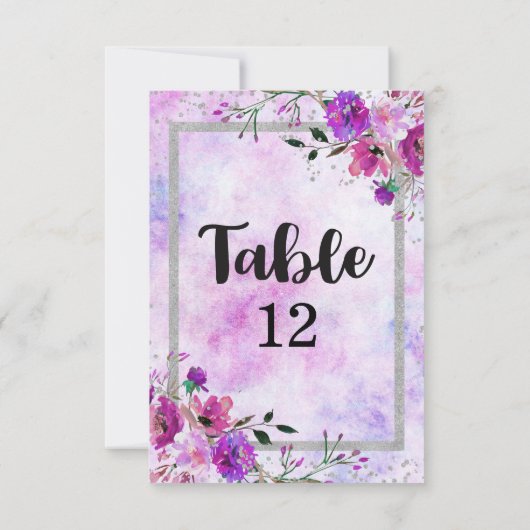 紫のフローラと銀のフレ結婚ームのテーブル番号 招待状 (裏面)