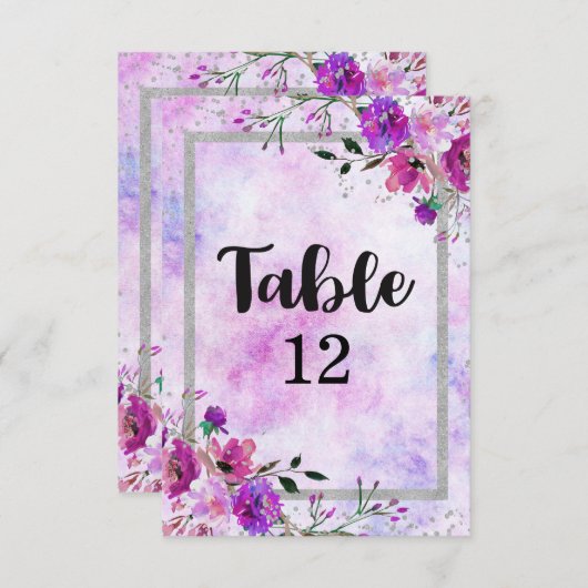 紫のフローラと銀のフレ結婚ームのテーブル番号 招待状 (正面/裏面)