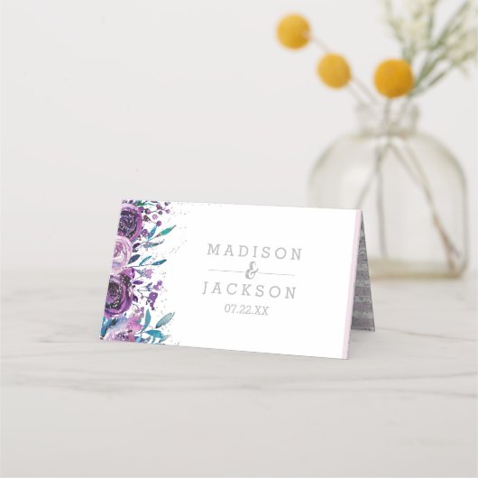 紫のフローラと銀ストライプ色の名前テーブル番号 プレイスカード (裏面)