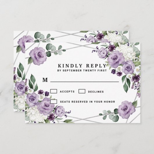 紫のフローラと銀幾何学エレガントな結婚式 出欠カード (正面/裏面)