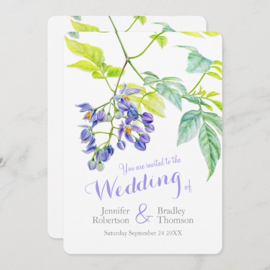 紫のフローラのクリーパーの結婚水色 招待状 (正面/裏面)