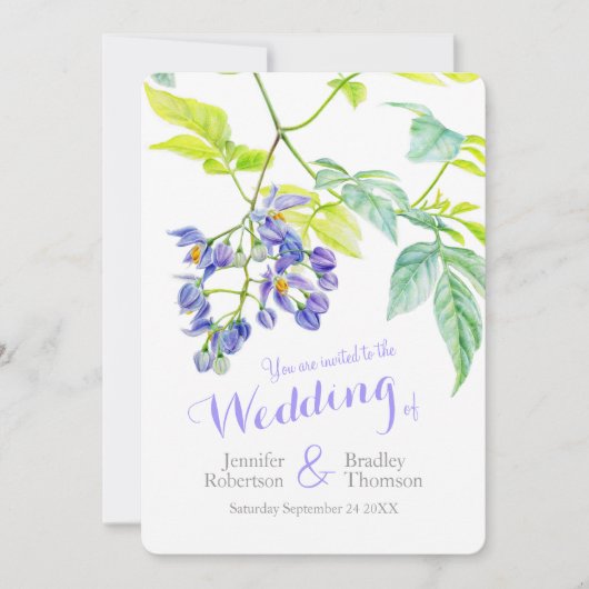 紫のフローラのクリーパーの結婚水色 招待状 (正面)