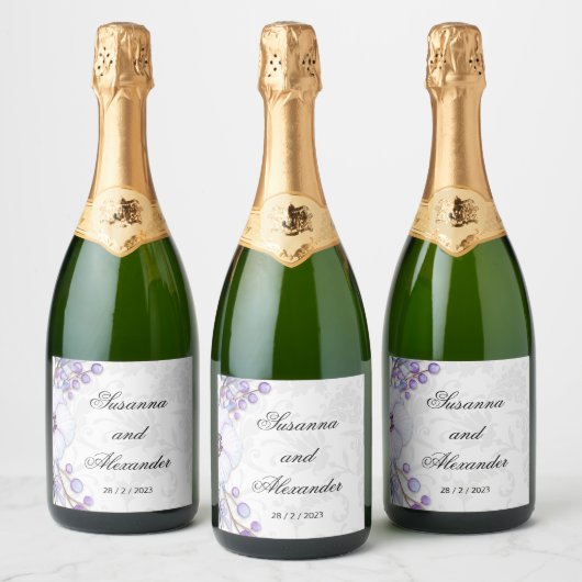 紫のフローラの果実とダマスクの結婚式 スパークリングワインラベル (ボトル)