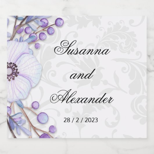 紫のフローラの果実とダマスクの結婚式 スパークリングワインラベル (シングルラベル)