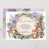 紫のフローラの森(き)の動物の少女のベビーシャワー サンキューカード (正面/裏面)