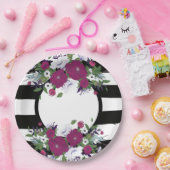 紫のフローラの白と黒の花ストライプ々 ペーパープレート (パーティー)