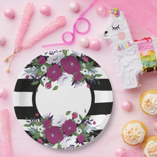 紫のフローラの白と黒の花ストライプ々 ペーパープレート (パーティー)