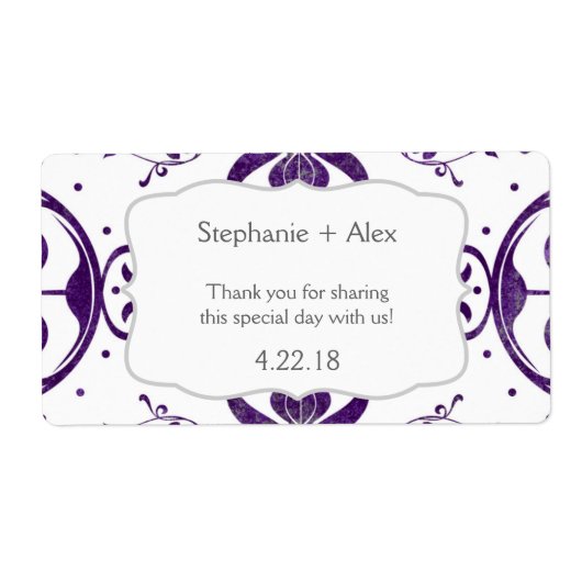 紫のフローラの結婚スワールの水のボトルの好意 ラベル (正面)