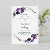 紫のフローラの結婚幾何学的な葉の銀 箔招待状 (立ち正面)