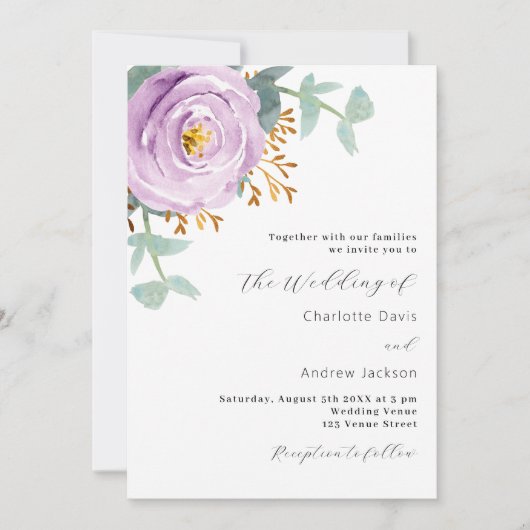 紫のフローラの結婚緑 招待状 (正面)