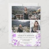 紫のフローラの緑のスクリプト写真の卒業 招待状 (裏面)