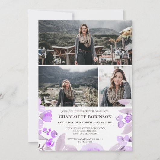 紫のフローラの緑のスクリプト写真の卒業 招待状 (裏面)