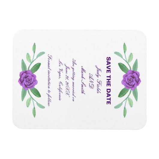 紫のフローラの緑の葉が日付を救う マグネット (横)