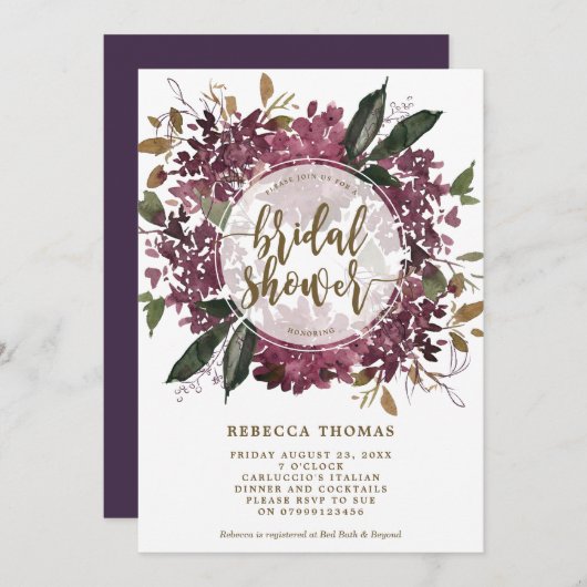 紫のフローラの花のシャワー招待状 招待状 (正面/裏面)