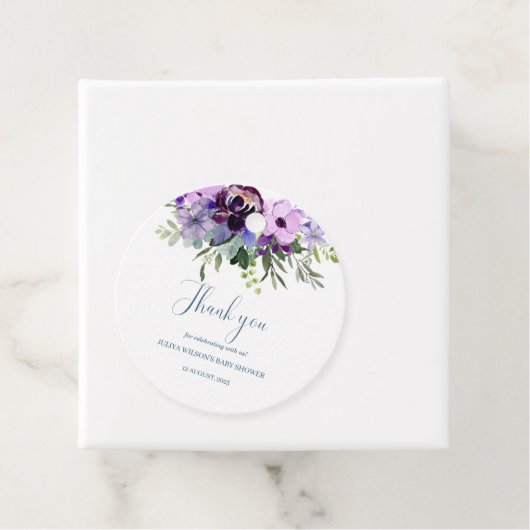 紫のフローラの赤ちゃんシャワーメッセージカード フェイバータグ (インサイチュ)