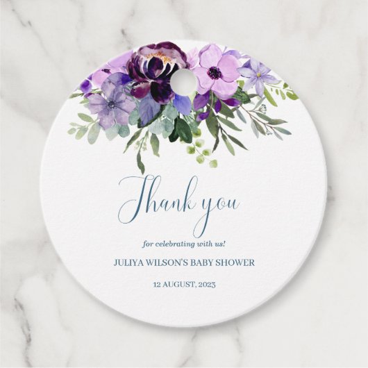 紫のフローラの赤ちゃんシャワーメッセージカード フェイバータグ (正面)