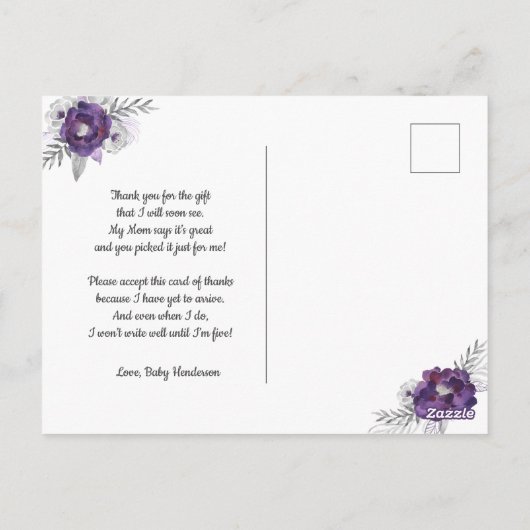 紫のフローラの赤ん感謝していだの詩 ポストカード (裏面)