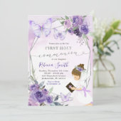 紫のフローラひざまずく女の子ファースト聖餐式 招待状 (スタンド正面)