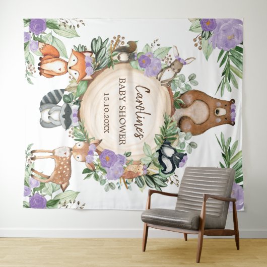 紫のフローラウッドランド動物の赤ちゃんシャワーへようこそ タペストリー (インサイチュ(横))