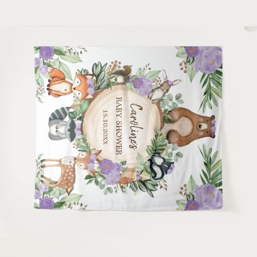 紫のフローラウッドランド動物の赤ちゃんシャワーへようこそ タペストリー (正面(横))