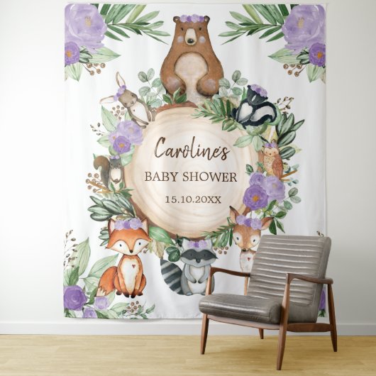 紫のフローラウッドランド動物の赤ちゃんシャワーへようこそ タペストリー (インサイチュ)