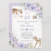 紫のフローラウッドランド動物ディアベビーシャワー 招待状 (正面/裏面)