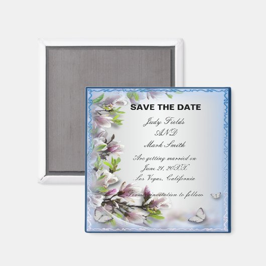 紫のフローラエレガントと蝶が日付を保存 マグネット (正面/裏面)