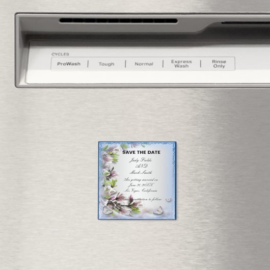 紫のフローラエレガントと蝶が日付を保存 マグネット (インサイチュ (食洗機))