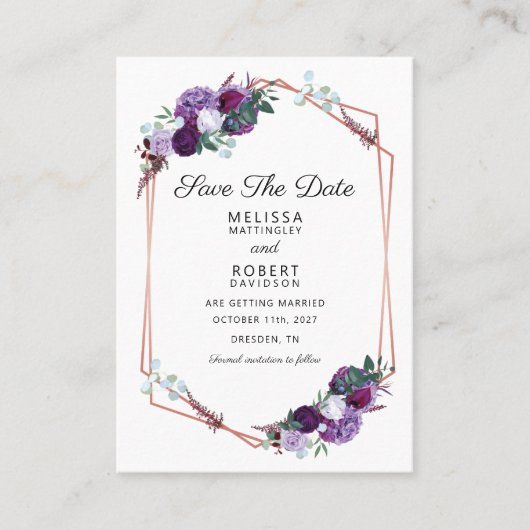 紫のフローラエレガントな結婚式の日付を保存 名刺 (正面)