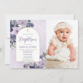 紫のフローラエレガント金ゴールドアーチ少女バプテスマ写真 招待状 (正面)