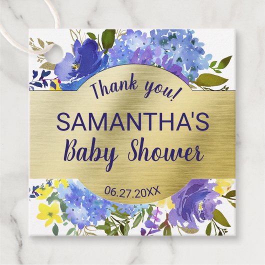 紫のフローラエレガント金ゴールド赤ちゃんシャワー フェイバータグ (正面)