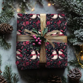 紫のフローラクリスマスの鳥の包み紙 ラッピングペーパー