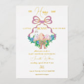 紫のフローラクレストイースターバニーガールベイビーシャワー 箔招待状 (正面)