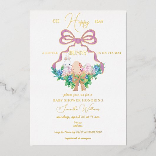 紫のフローラクレストイースターバニーガールベイビーシャワー 箔招待状 (正面)