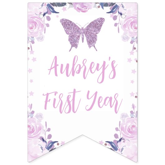 紫のフローラグリッターバタフライ月次バナー バンティングフラッグ (第1の旗)