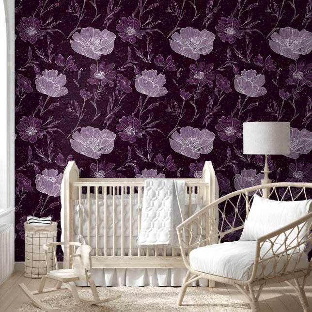 紫のフローラグリッターパターン 壁紙 (キッズ)