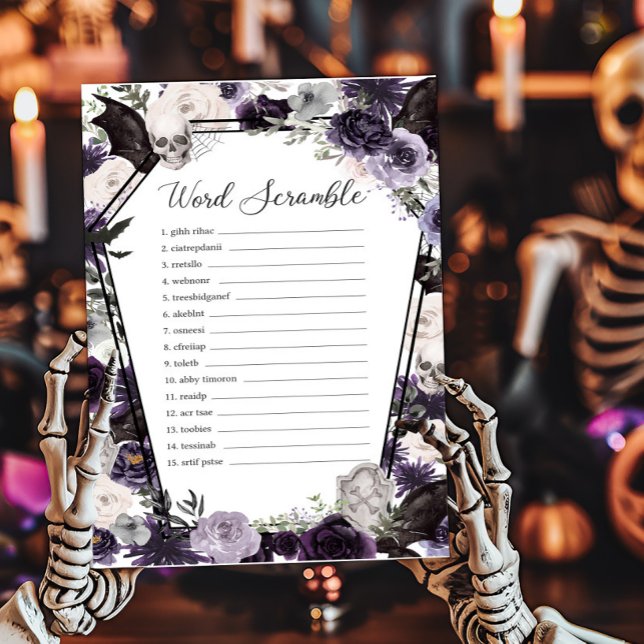 紫のフローラゴシック語スクランブルゲーム (Floral Gothic Coffin Baby Shower Word Scramble Game)