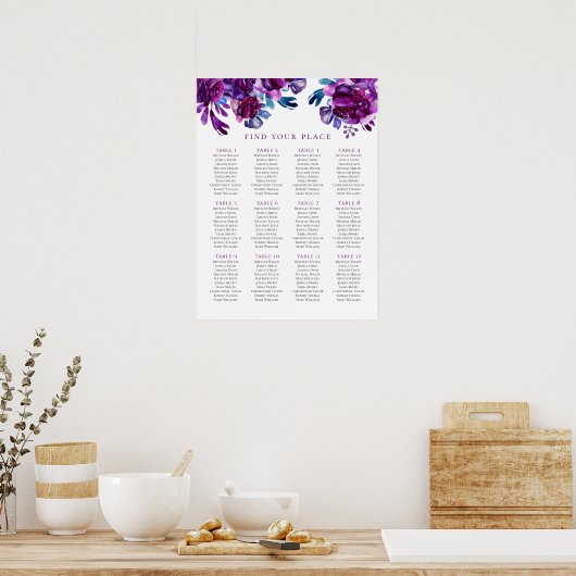 紫のフローラシーティングチャートプリント。薄紫結婚の ポスター (キッチン)