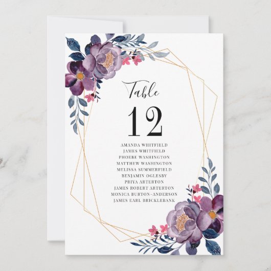 紫のフローラジオメトリックテーブル結婚番号のシート (正面)