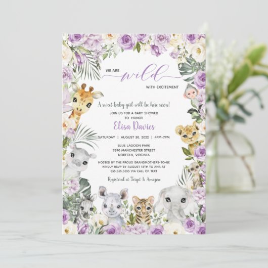 紫のフローラジャングルサファリアニマルベビシャワー 招待状 (スタンド正面)