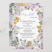 紫のフローラジャングルサファリアニマルベビシャワー 招待状 (正面/裏面)