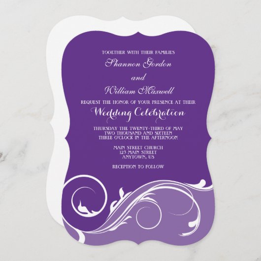 紫のフローラスワールブラケットウェディング招待状 招待状 (正面/裏面)