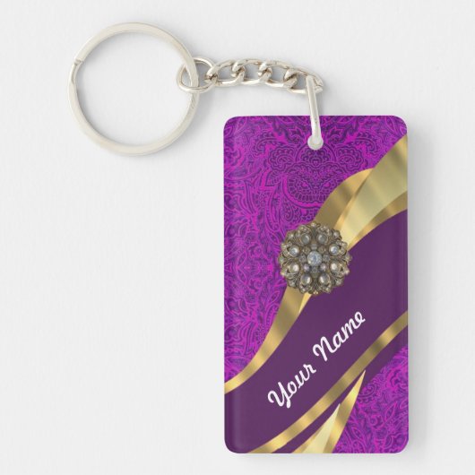 紫のフローラダマスク金ゴールド旋回 キーホルダー (正面)