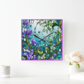 紫のフローラデザインと緑 スクエア壁時計 (ホーム)