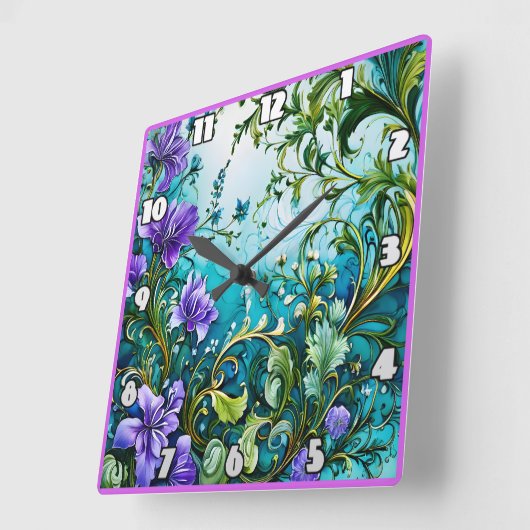 紫のフローラデザインと緑 スクエア壁時計 (傾斜)