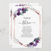 紫のフローラバラ結婚金ゴールドのテーブル番号3 招待状 (正面/裏面)