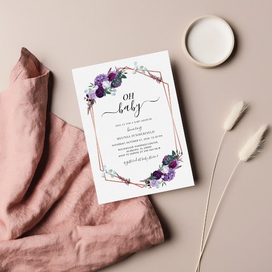 紫のフローラバラ金ゴールド幾何学的ベビーシャワー ノートカード