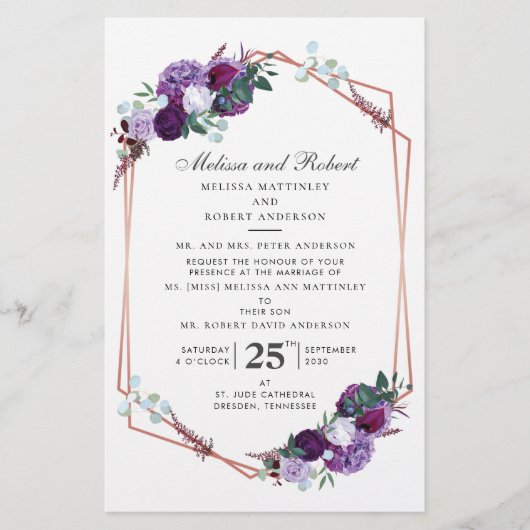 紫のフローラバラ金ゴールド幾何学的結婚緑 便箋 (正面)