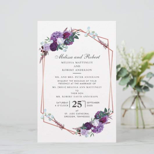 紫のフローラバラ金ゴールド幾何学的結婚緑 便箋 (スタンド正面)